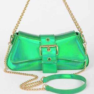 Iridescent Metallic Shiny Green  - Gold Buckle Crossbody / Chain Straps - NWT